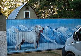 Изображение собаки и гор на заборе из профлиста